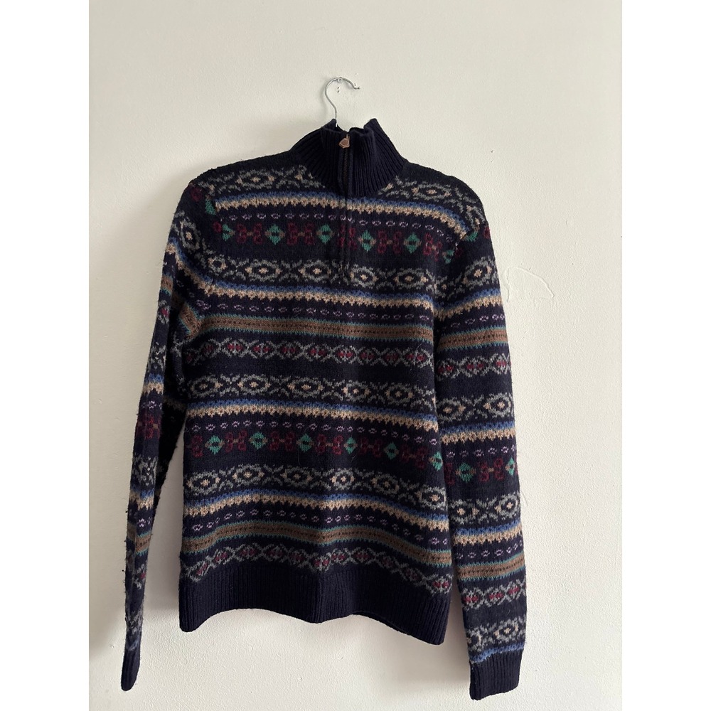 Polo Ralph Lauren 90's Hand Knit Fair Isle Wool Quarter Zip Sweater Navy Mens SM